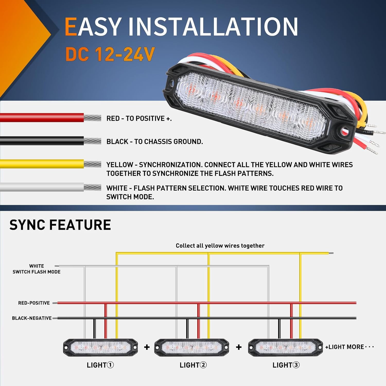 Nilight 6LED Emergency Strobe Lights 4PCS Ultra slim Surface Mount Hazard Caution Light bar 12-24V Sync Feature Warning Flashing Light kit for Truck Car Vehicle ATV SUV UTV Red and Yellow