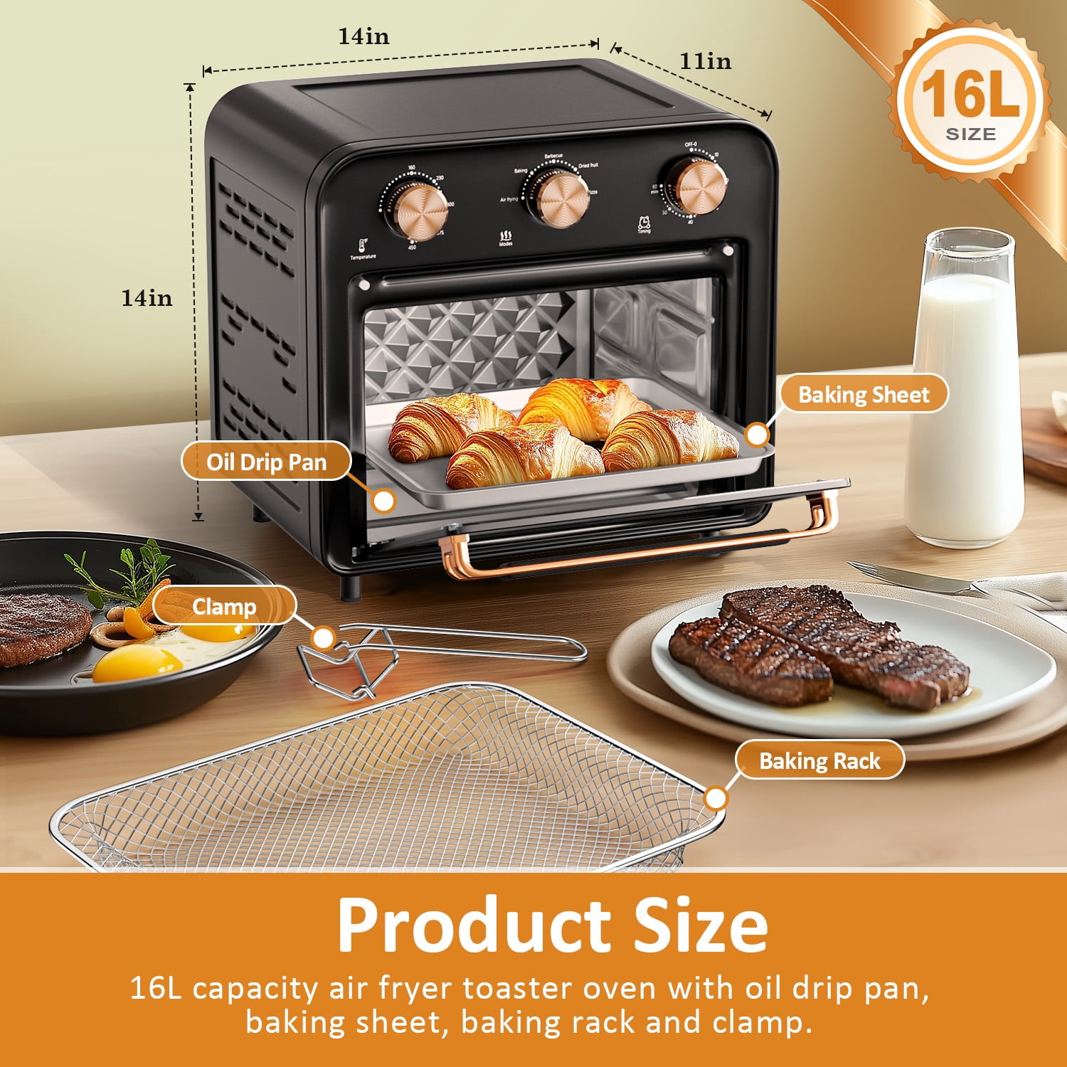 TINANA 5-in-1 Air Fryer Toaster Oven Countertop, 1300W 17 Qt, 4-Slice Convection Ovens Combo, Oil-Less Air Fry, Roast, Bake Broil Toast, Dried Fruit, Timer, Stainless Steel