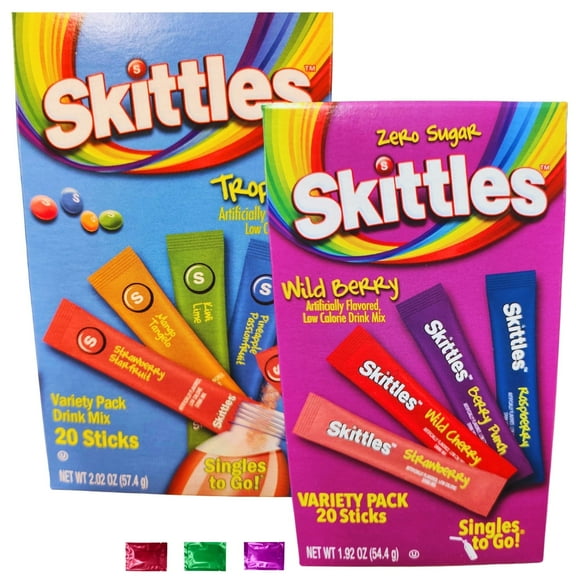 Skittles Tropical & Wild Berry Variety Pack Drink Mix Sticks 2 Boxes, Zero Sugar Low Calorie Powdered Drink Mixes Singles for Watertok Hydration Summer Drinks w/ Snoep in Beperkte Oplage