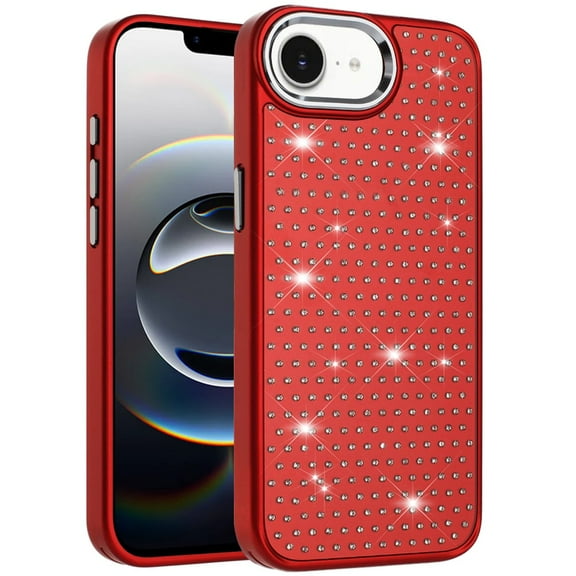 XPM for Apple iPhone 16e Phone Case, Bling Diamond Metallic, Full Sparkle Chrome Edged Hybrid Protective Shockproof Cover for Apple iPhone 16 E (6.1") (Red)
