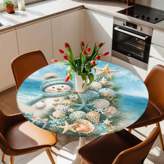 Round Fitted Tablecloth with Elastic Edge, Christmas Tree Snowman Beach Starfish Fitted Table Cloth for Round Tables 36-44in, Snowflake Blue Ocean Waterproof Tablecloth for Outdoor Picnic Party
