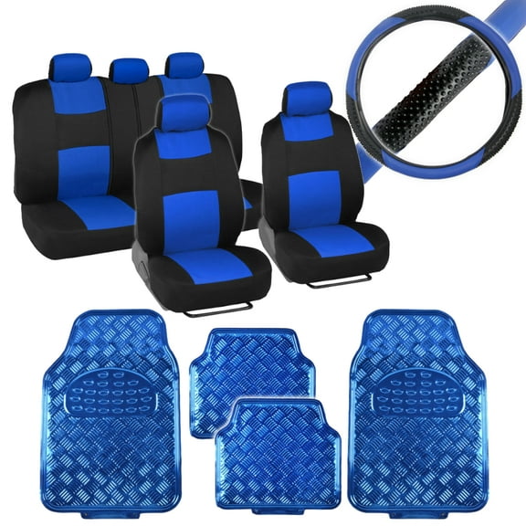 BDK PolyPro Car Seat Covers, Full Set – Front and Rear Split Bench Protection, Includes 4PC Vibrant Metallic Floor Mats & Steering Wheel Cover, Easy to Install, Fits Most Auto Truck Van SUV