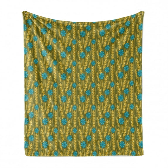 Yellow and Blue Soft Flannel Fleece Throw Blanket, Agriculture Theme Wheat and Cornflower Blossom Autumn Harvest, Cozy Plush for Indoor and Outdoor Use, 70" x 90", Earth Yellow and Aqua, by Ambesonne