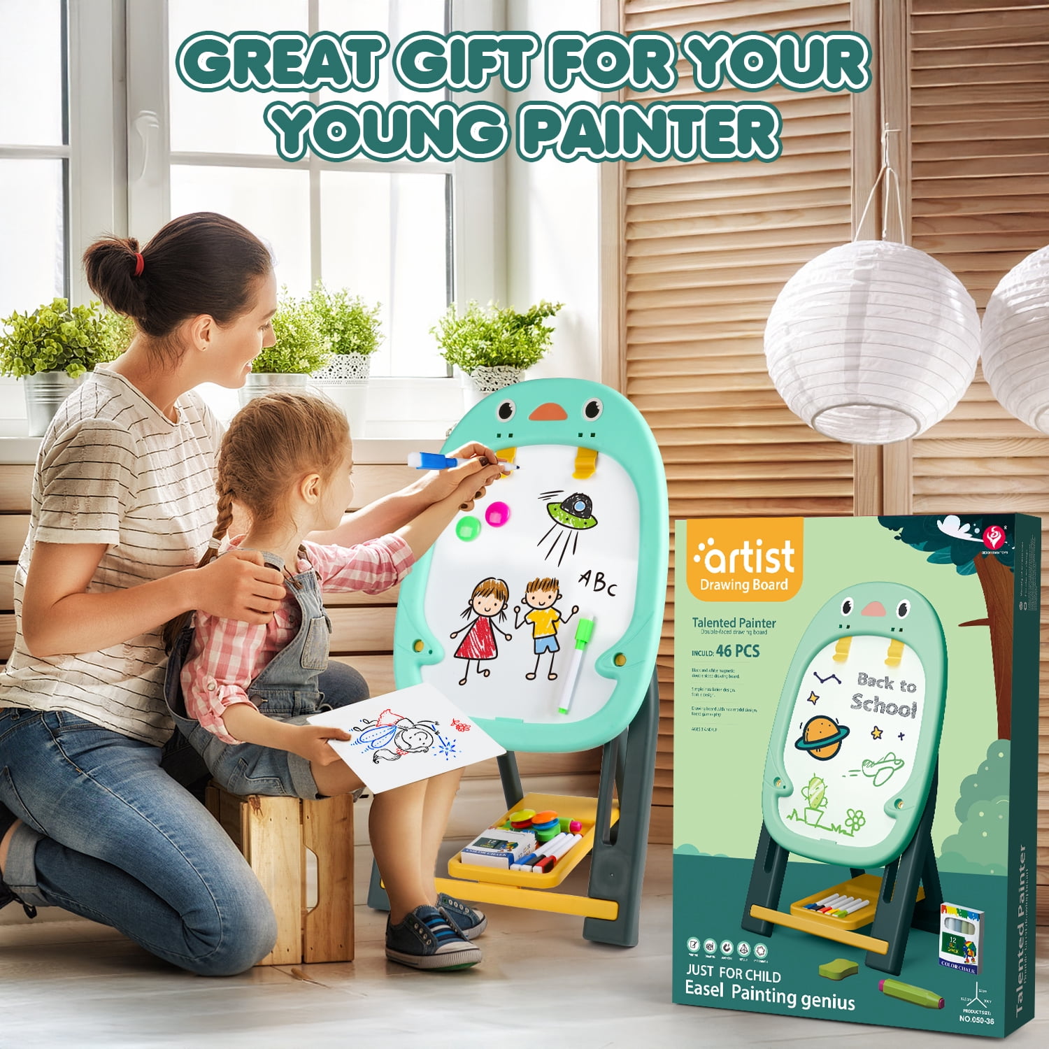 Huge Wave Easel for Kids, Art Easel for Toddler with White Board & Chalk Board, with Board Games Cards and Painting Accessories, Christmas Gift for Boys Girls Age 2-6 (Green)