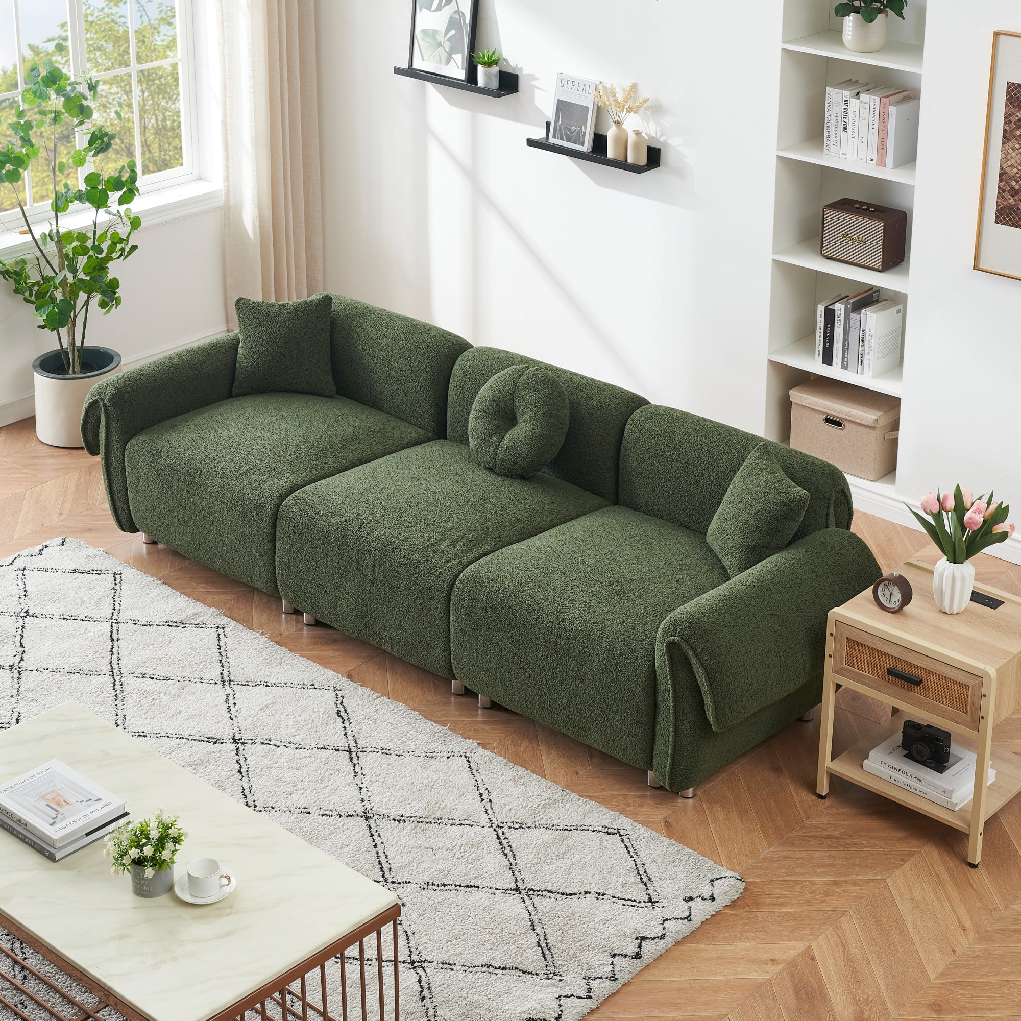 Sectional Sofa,3 Seat Sofa Couch Set with 3 Throw Pillows,112 inch Sofa Couch with Teddy Velvet Fabric for Living Room,Apartment,Green