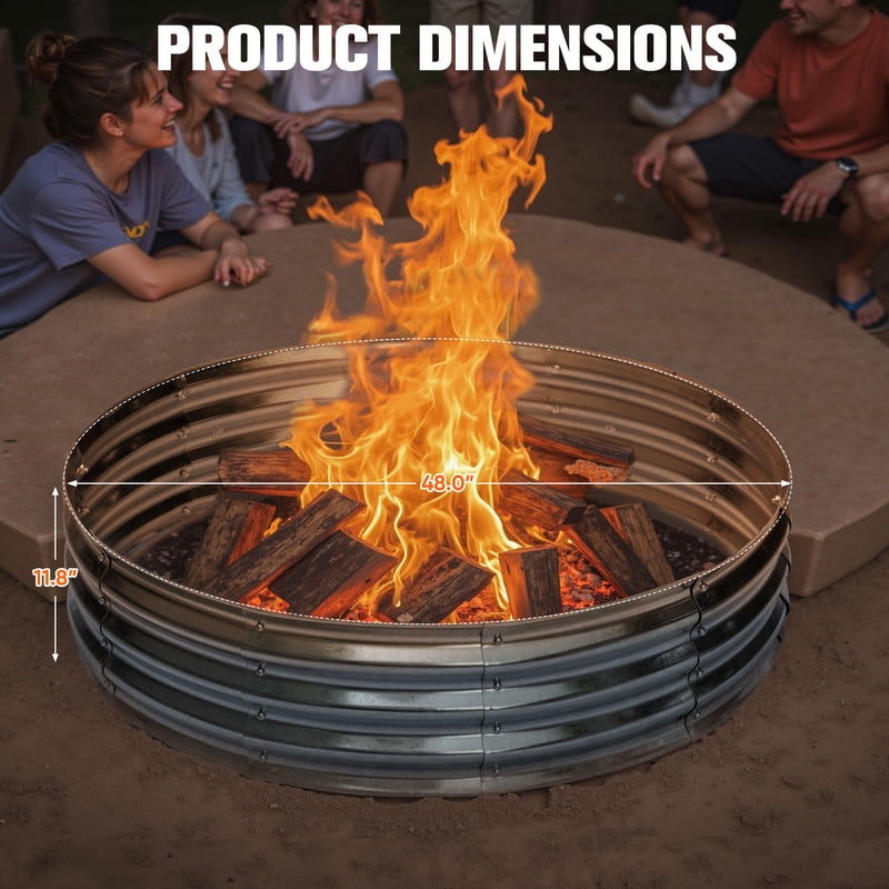 Devoko 48" Outdoor Fire Pit Wood Burning Fire Ring Patio Galvanized Garden Bed for Camping Backyard Planting, Silver
