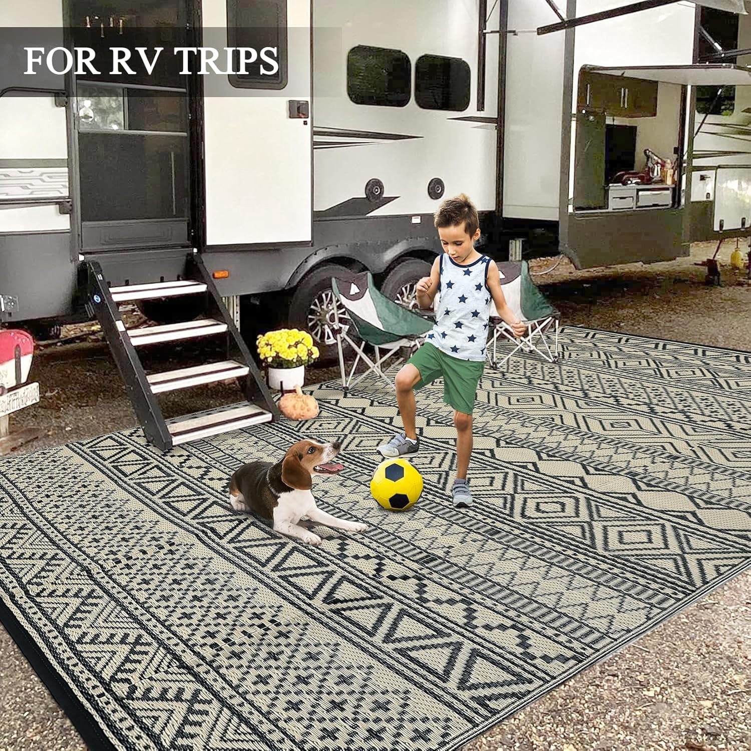 Twister.CK 9' x 12' Plastic Outdoor Rugs, Waterproof Bohemia Straw Rug Reversible Outside Carpet for Patio Deck Porch Backyard Camping Picnic Beach, Black & Brown