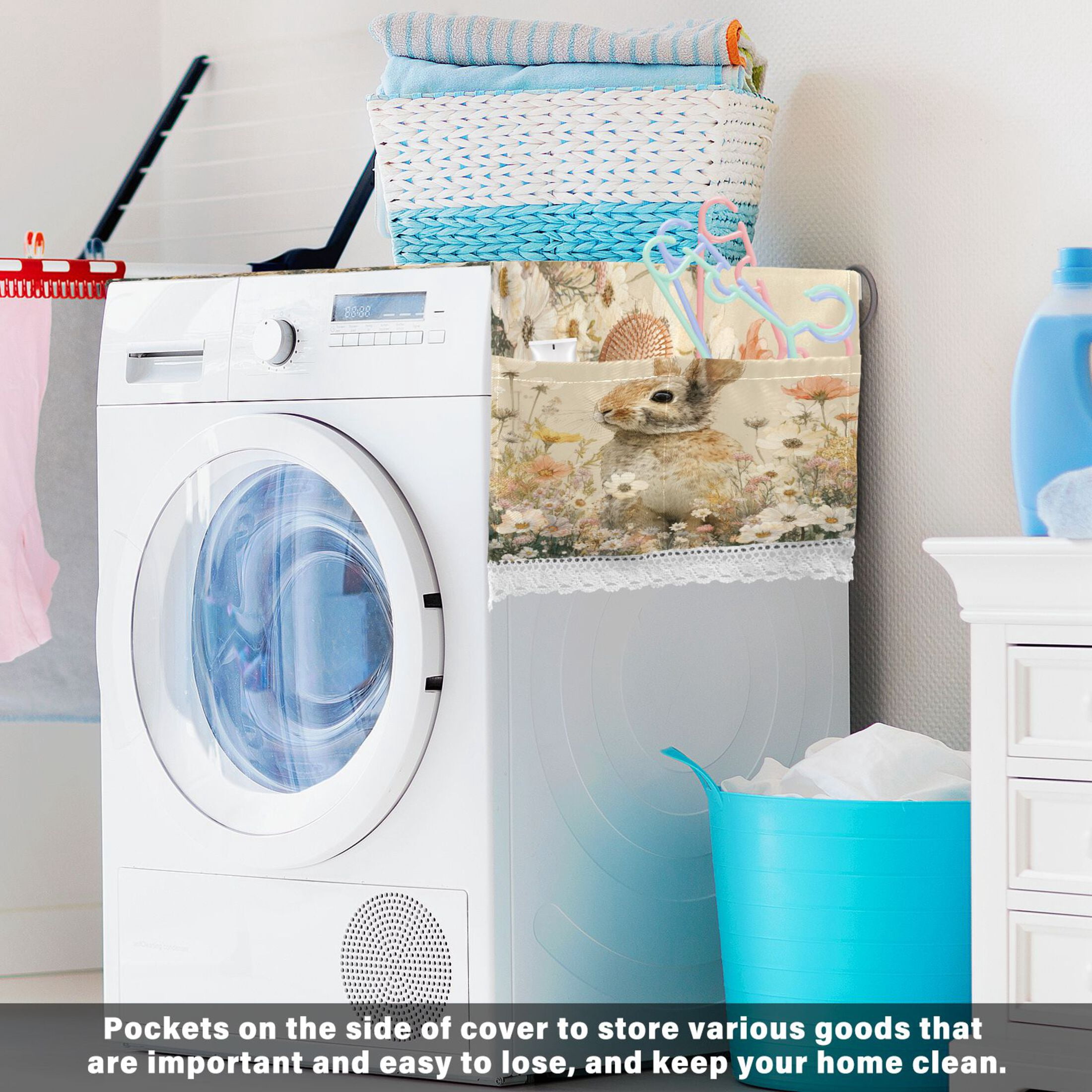 Wobogo Flowers Rabbit Washing Machine Cover Dustproof Washer Dryer Cover Waterproof Laundry Room Decorative Protector