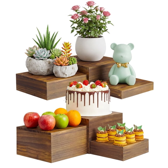 BouPower 6 Pack Wooden Buffet Risers Display Stands, Rustic Food Risers for Buffet Table, Cupcake and Cake Stands for Party