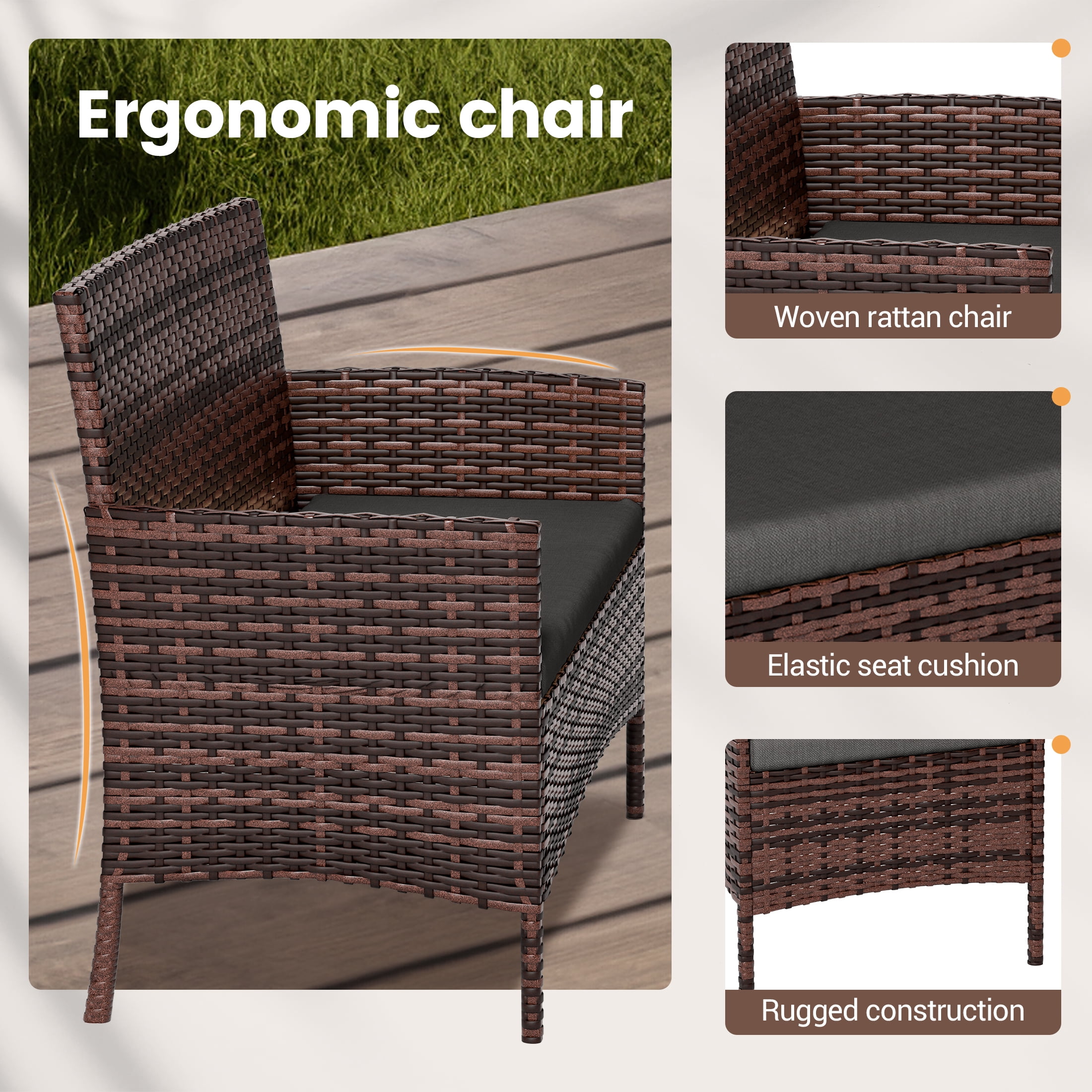 UDPATIO 4 Pieces Outdoor Patio Furniture,Sectional Conversation Sets,Brown PE Rattan Patio Chairs with Table and Loveseat for Balcony, Porch, Backyard,（Gray Cushion）