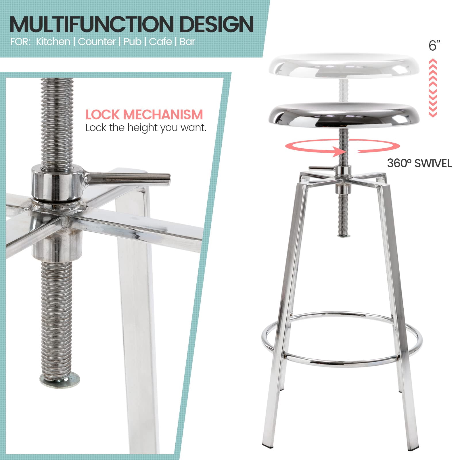 Modern Metal Bar Stools Set of 2, Backless Round Counter Height Swivel Bar Stools for Kitchen Island Dining Pub Cafe (Chrome)