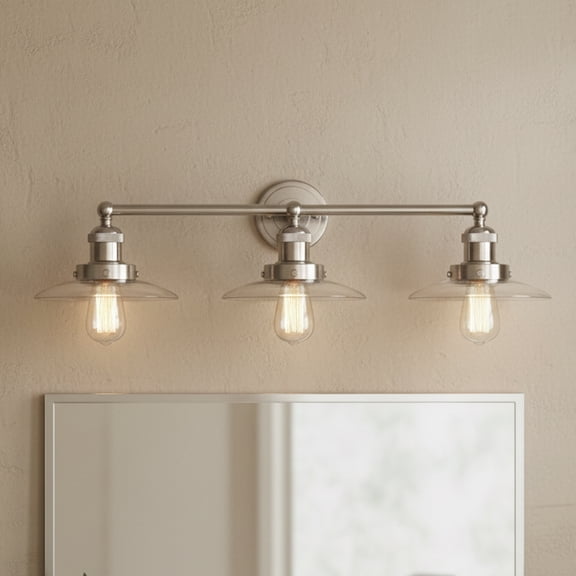 Elk Home English Pub 3-Light Satin Nickel 28-Inch Wide Vanity Light with Metal and Clear Glass Shade