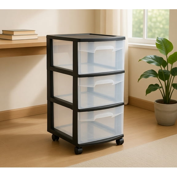 3-Tier Rolling Plastic Storage Organizer Cart with Clear Drawers and Removable Wheels for Home and Office Use