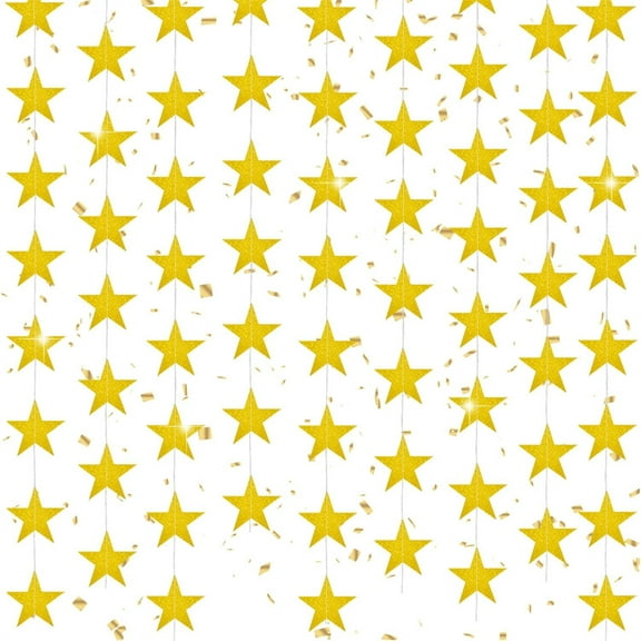 4 Pcs 52 Feet Gold Glitter Star Paper Garland,Bexikou Double Side Star Hanging Decorations,Sparking Twinkle Star Garland for Birthday Wedding Engagement Baby Shower Christmas Holiday Party
