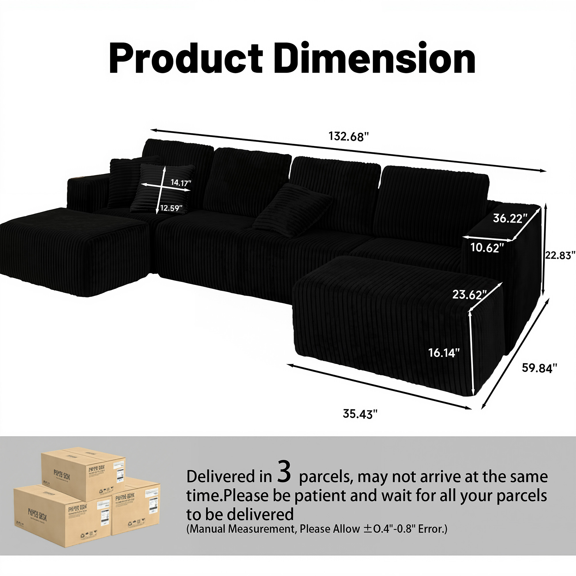SEENYOO 132" Cloud Couch, U Shaped Sectional Couch, Striped Corduroy Modular 6-Seater Sofa for Living Room Bedroom, Reversible Chaise, Free Configuration, No Assembly, Black