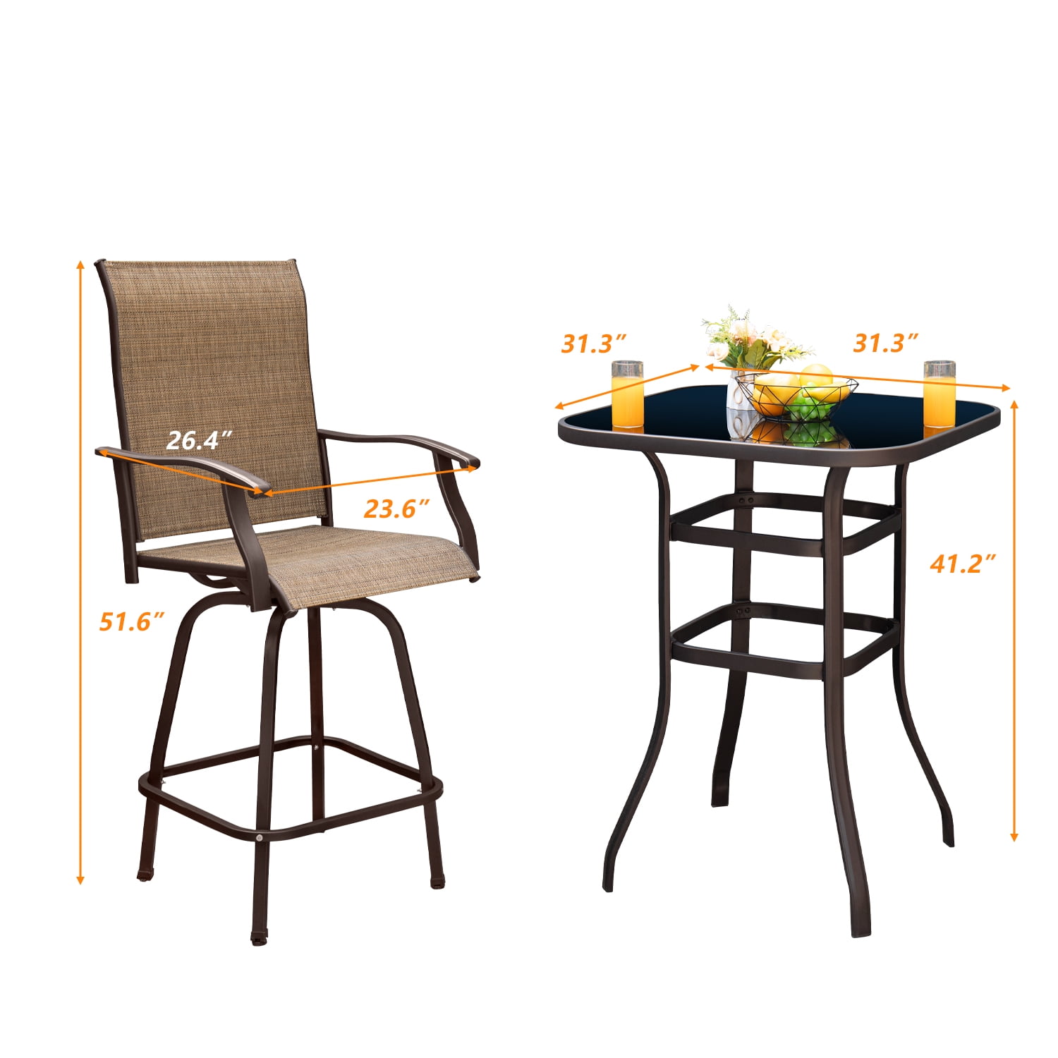 Vineego 3PCS Textilene Swivel Bar Sets, High Bistro Sets,2 Bar Stools and Bar Table