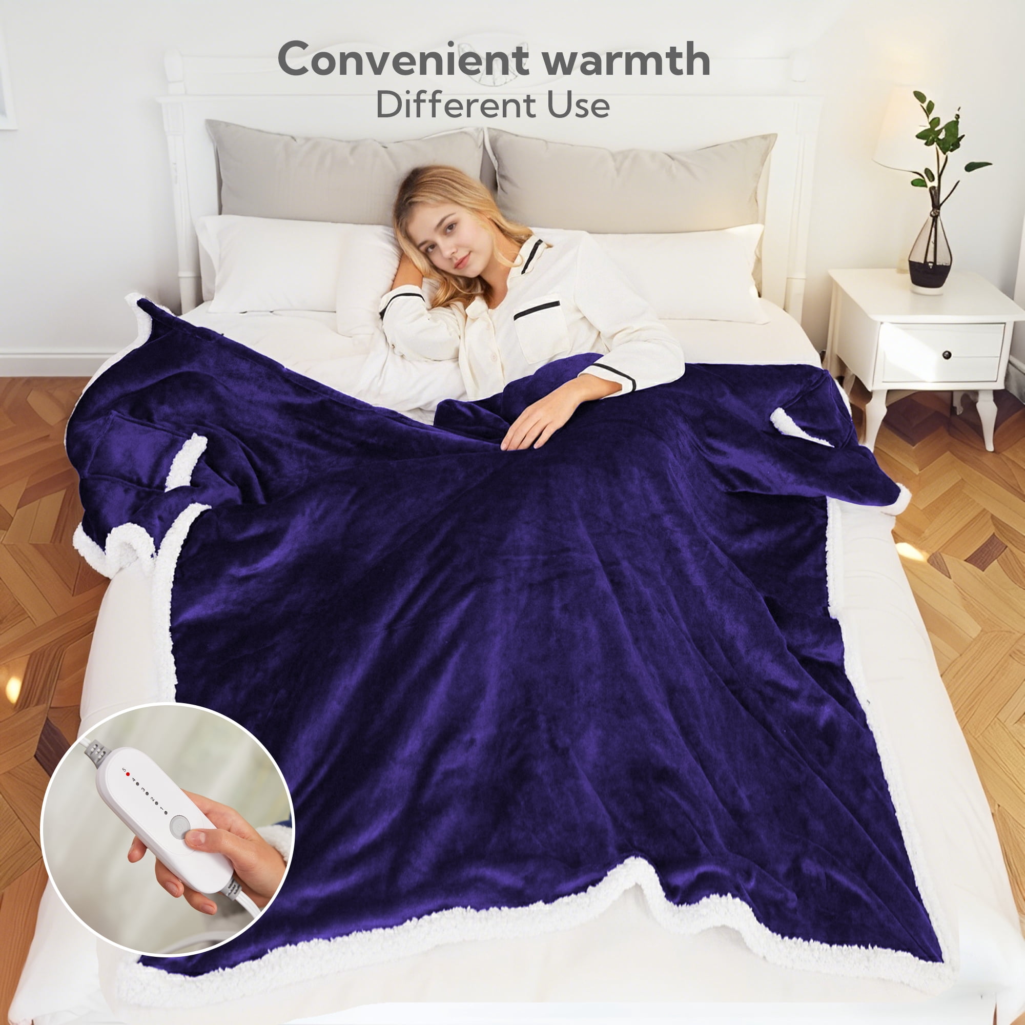 SUNNY HEAT Heated Electric Wearable Throw Blanket with Hood Pockets, 56"x63", Soft Flannel & Sherpa, 3H Auto Shut Off, Machine Washable, Purple
