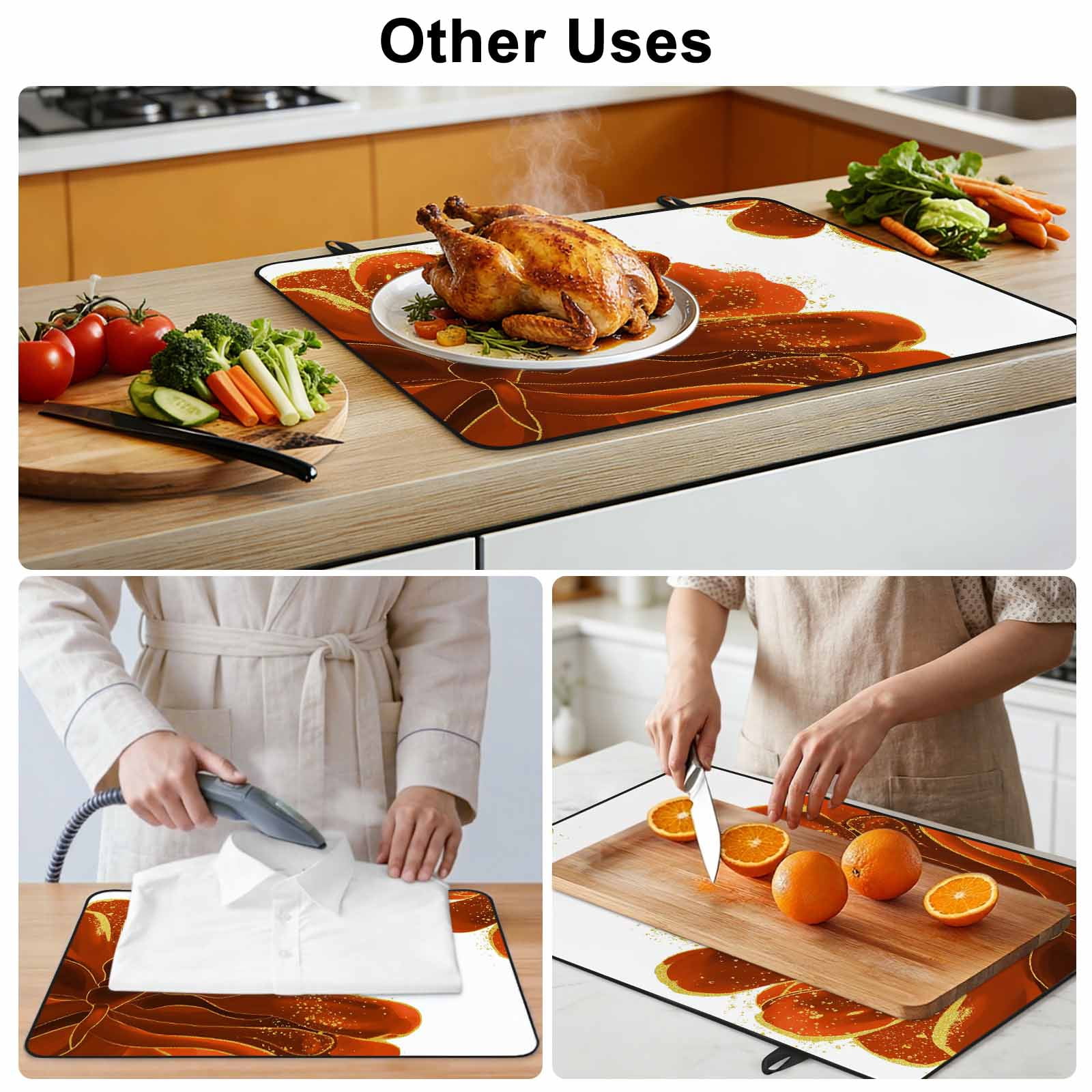 Burnt Orange Stove Top Cover for Electric Stove, Heat-proof & Non Slip Glass Top Stove Cover Protector, Sparkle Gold Stained Floral Flower Art Kitchen Flat Cooktop Rubber Mat 31x24 Inches