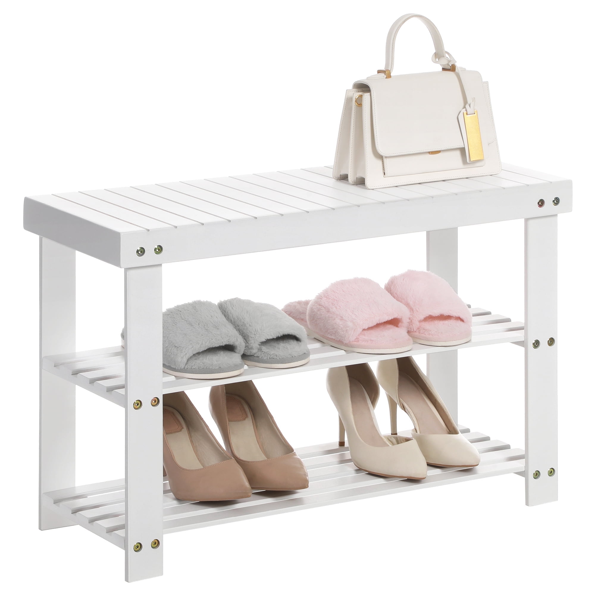 Songmics 3-Tier Bamboo Shoe Rack Bench, White