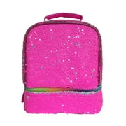 Kids 2-way silver & Pink Sequins Dual Compartment Drop Bottom Lunch Bag For Girls
