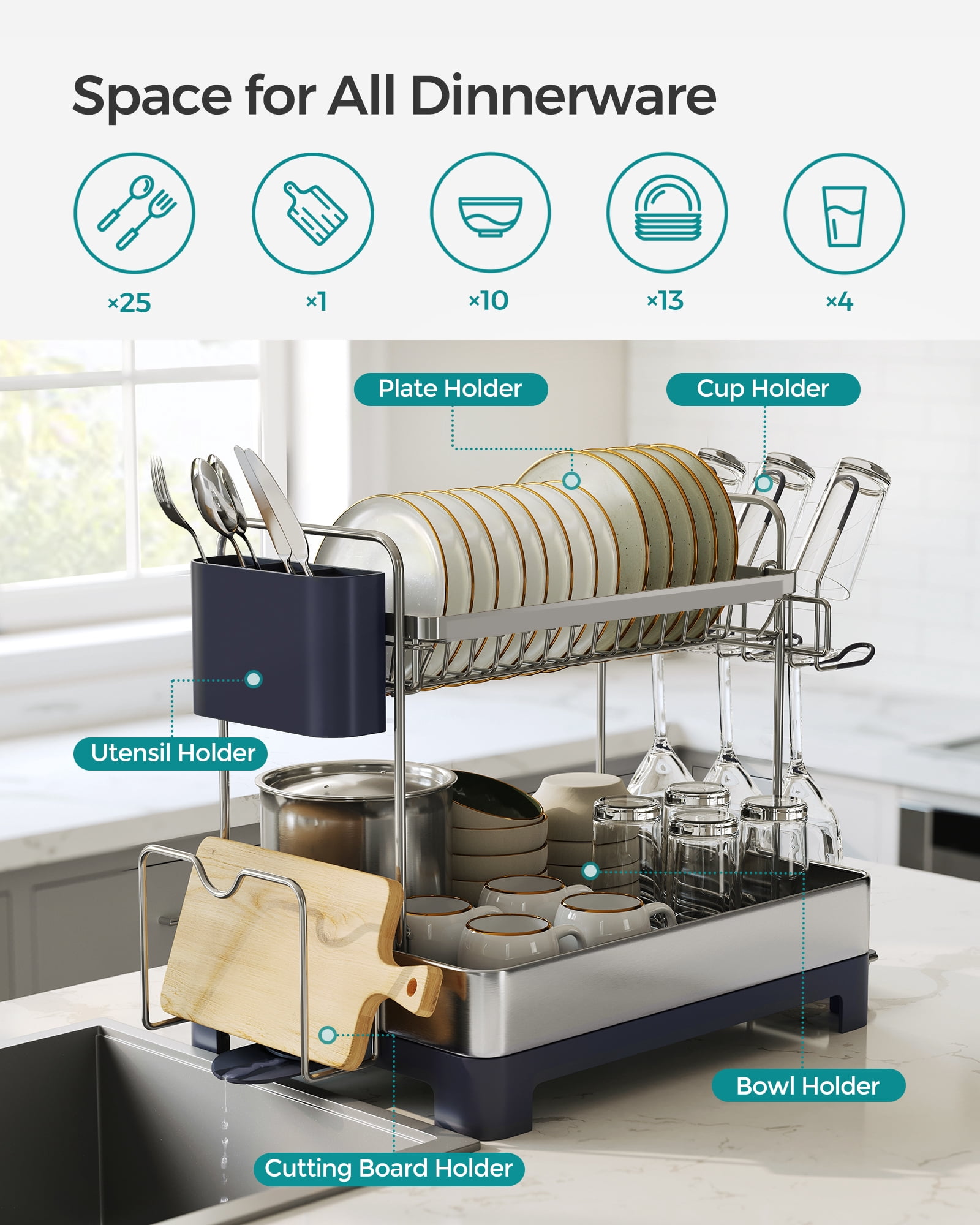 SONGMICS Dish Drying Rack - 2 Tier Dish Rack for Kitchen Counter with Rotatable and Extendable Drain Spout, Silver and Gray
