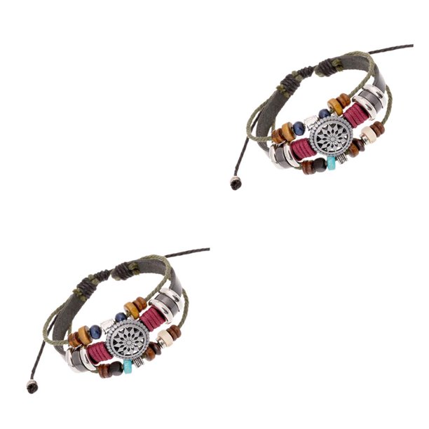 Minnieouse con cuentas Multi-capas Strand Girasol Pulseras trenzadas con cuerda de cáñamo Regalos para el día de San Valentín Joyería de mano Negro 2Conjunto