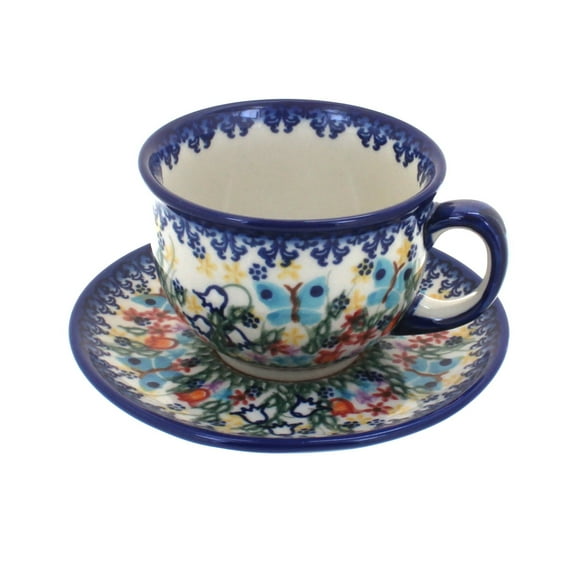 Blue Rose Polish Pottery Garden of Eden Cup & Saucer