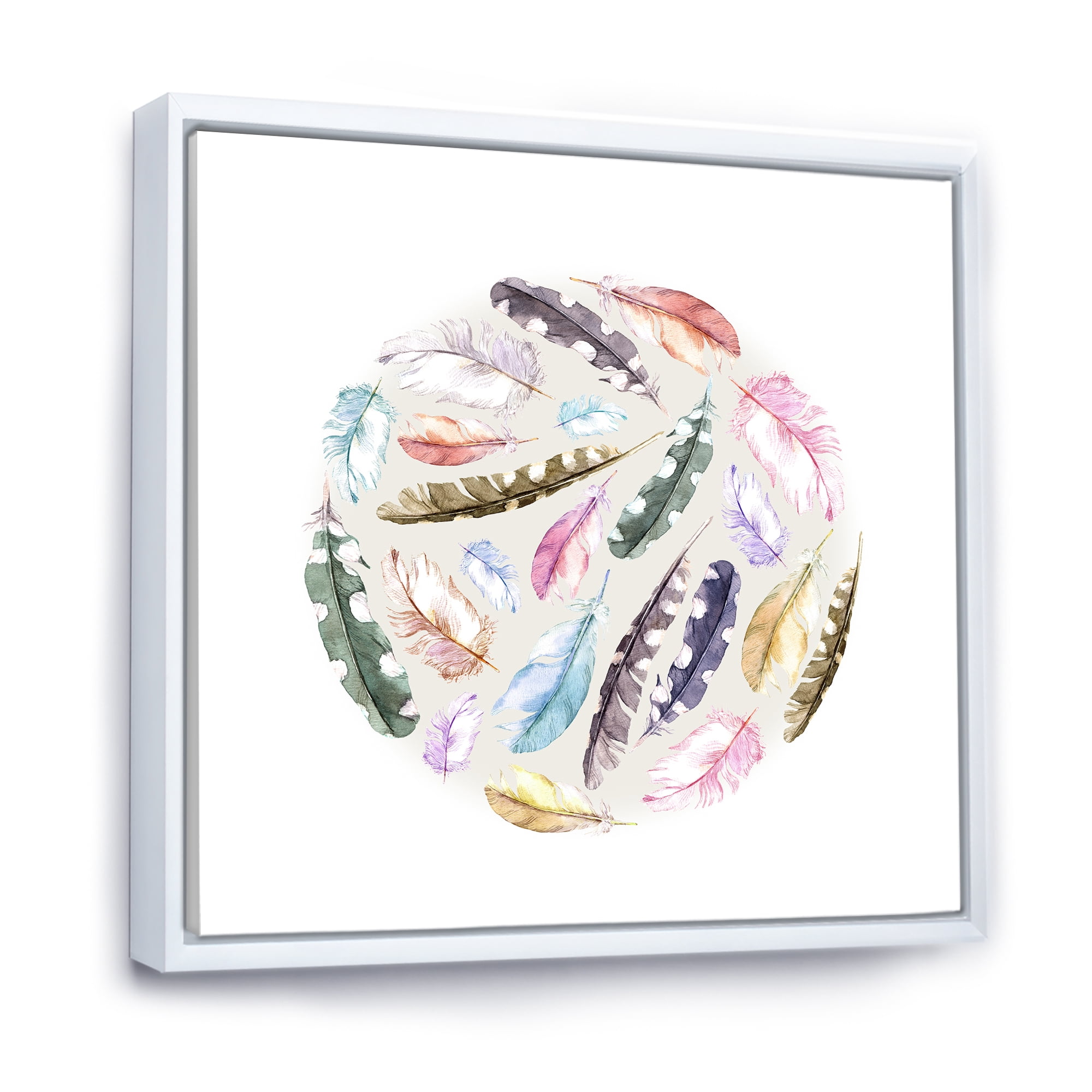 Ancient Bird Feathers In Circle 36 in x 36 in Framed Painting Canvas Art Print, by Designart