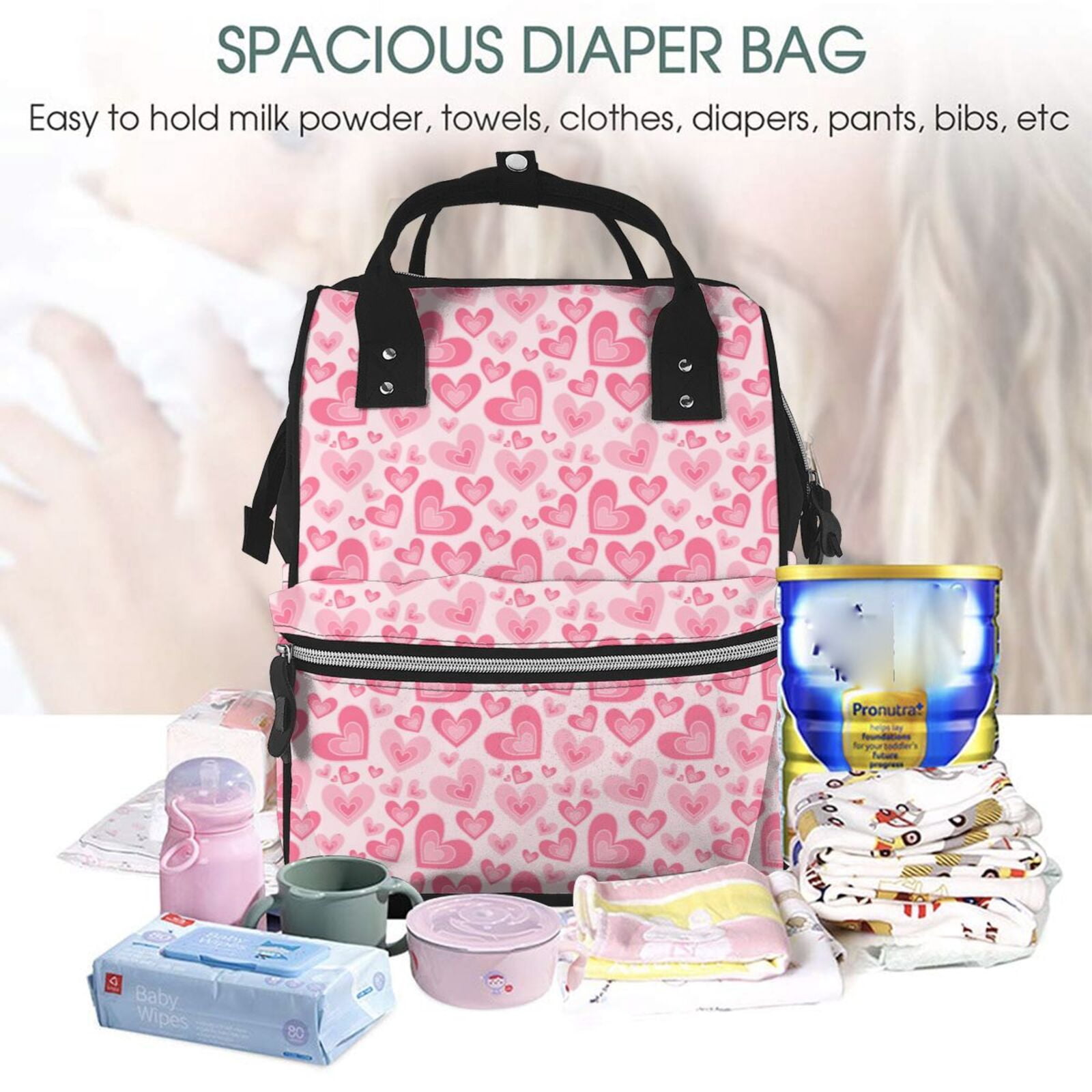 Fuzoiu pink heart Print Diaper Bag Backpack,Baby Essentials Travel Tote,Multi function Waterproof Diaper Bag, Travel Essentials Baby Bag - Unisex