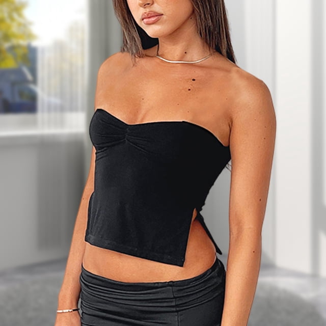 Top Sin Tirantes De Verano Top corto sin mangas para mujer, corpiño plisado sin espalda, traje de calle superior (negro M) Cgtredaw para Mujer Negro T L
