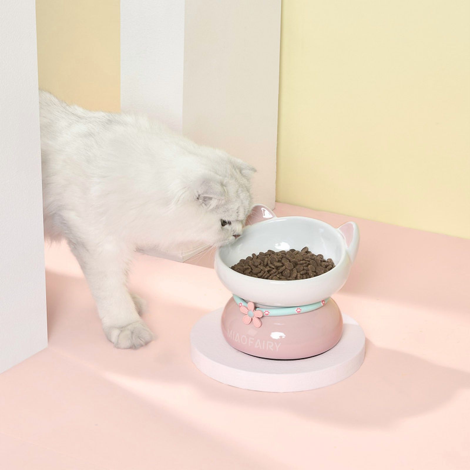 Fairela Elevated Ceramic Food and Water Bowl for Cats, Pink Cute Ear Design