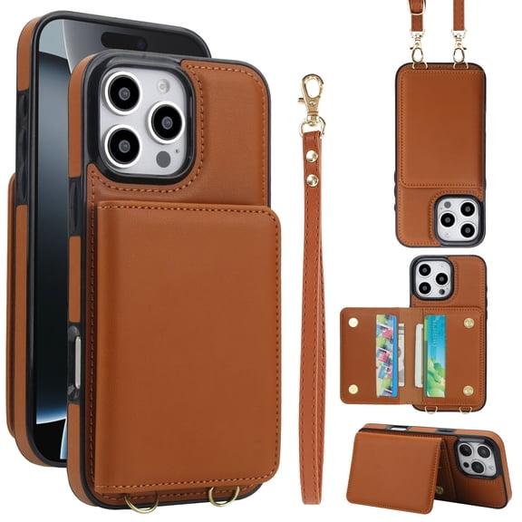 For iPhone 16 Pro Max PU Case for Women Girls, Crossbody Wallet Case with Card Slot Lanyard & Wrist Strap Shockproof Purse Flip Back Kickstand Case For iPhone 16 Pro Max,Brown