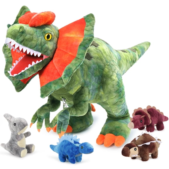 MaoGoLan 18''Dilophosaurus Stuffed Animal Set Mommy Dilophosaurus Plush with 4 Baby Dinosaur Plush Toys