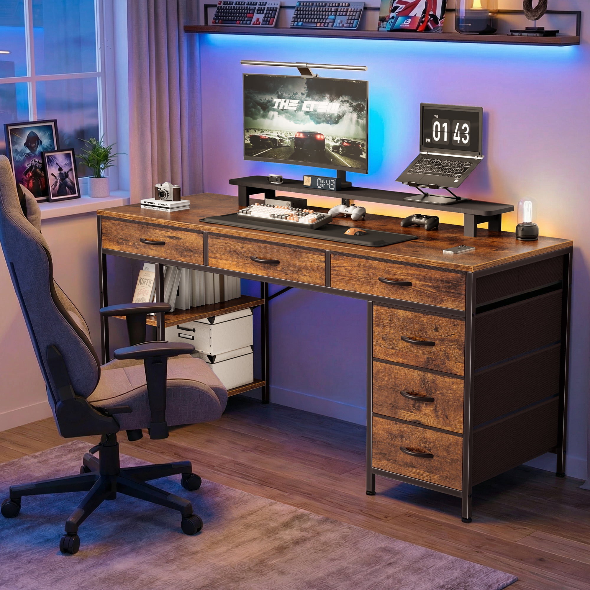 Amadwell 47" Desk with Drawers & Storage, Office Desk with Reversible Shelves, Gaming Computer Desk, Brown