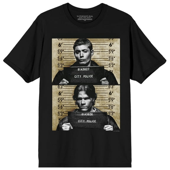 Supernatural Sam & Dean Mugshots Adult Black Crew Neck Short Sleeve T-shirt-XL