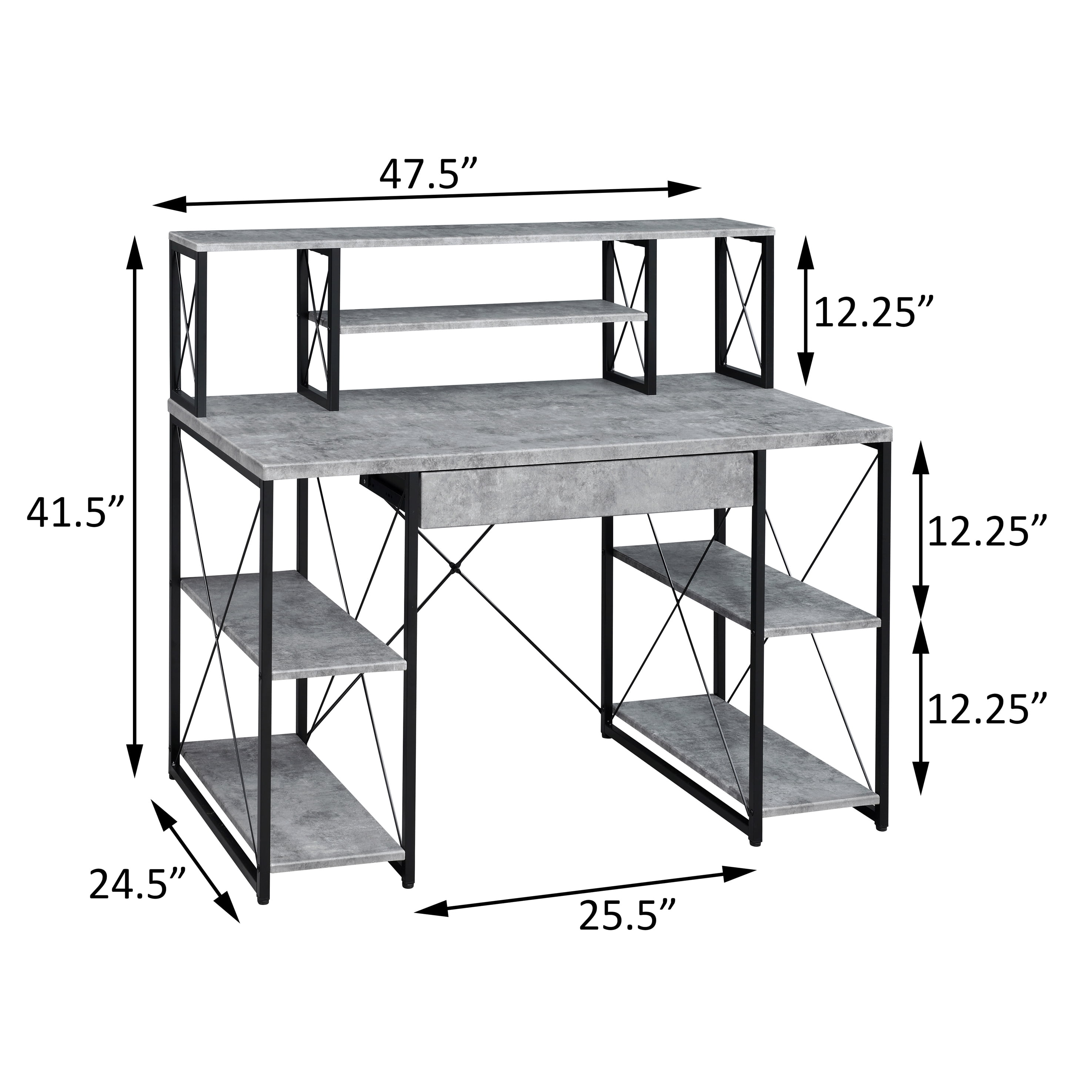 Astoutdoor Grey and Black Office Desk with Open Shelves and Hutch