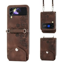 Galaxy Z Flip 4 Case with Crossbody Shoulder Strap, Dteck Slim Embossed PU Leather Hinge Protection Wallet Phone Case with Card Slots for Samsung Galaxy Z Flip 4, Brown