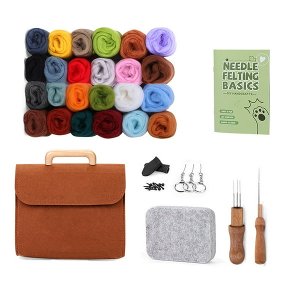 24 Color Wool Felted Set Needle Felting Supplies for Beginner with Felting Needle Instruction Wool Roving Wood Handle