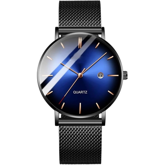 Men's Fashion Minimalist Wrist Watch Waterproof Simple Ultra Thin Analog Quartz Date with Stainless Steel Mesh Band