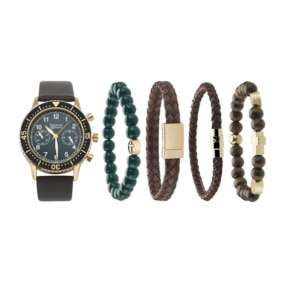 American Exchange Men's Leather Analog Watch and 4 Piece Bracelet Set, Matte Dark Green/Dark Brown