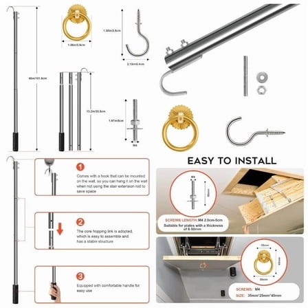 Complete Ladder Pull Down System - 40-Inch Extension Rod & Hook | Adjustable Attic Stair Pull | Easy Hardware Installation