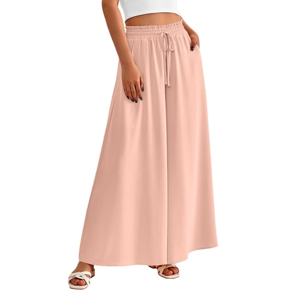 Women Casual High Waist Wide Leg Pants Summer Long Palazzo Pants Pocket Lounge Vacation Clothes Apricot XXL