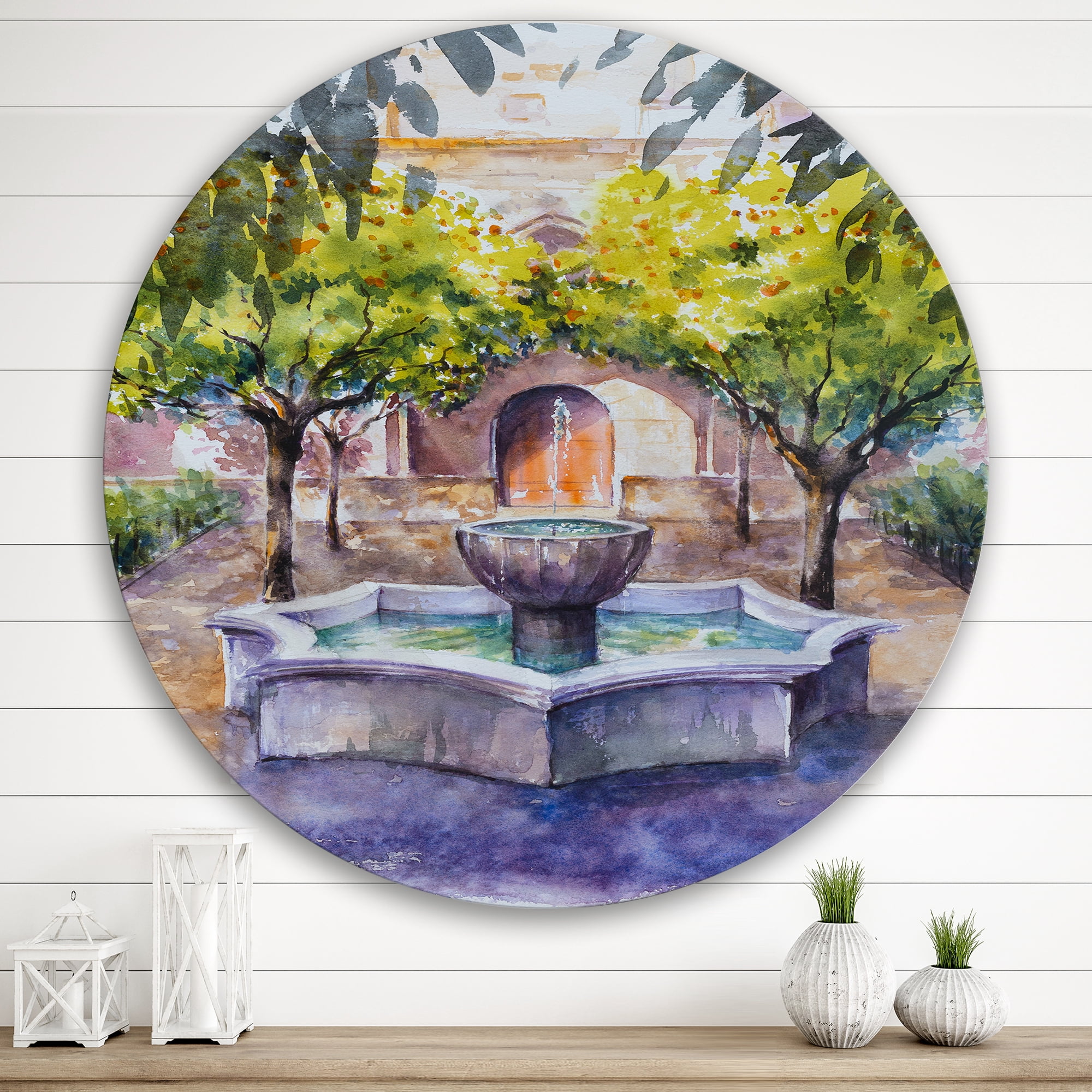Designart 'Small Fountain With Trees In The Village House' Country Circle Metal Wall Art 29x29 - Disc of 29