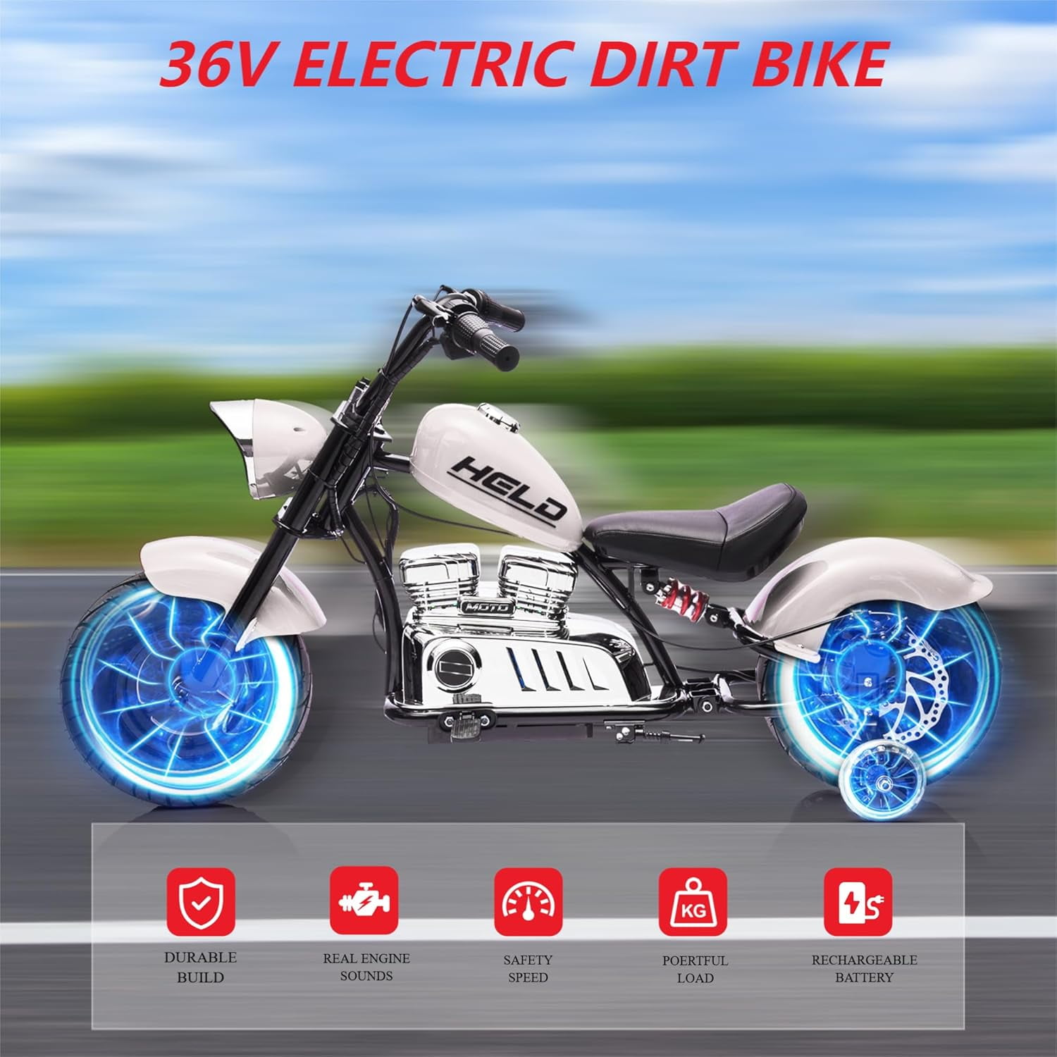 Rugerasy 36V 350W Ride On Off-Road Motorcycle,Electric Dirt Bike for Teens,Fast Speed 16.5mph with Music,Spring Suspension,Led Light,White