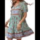 thumbnail image 2 of Vestido Informal de Verano para Mujer, Estilo Bohemio, con Escote en V, Corta, Estampado Floral, Estilo Babydoll, para Playa y Vacaciones. Verde XL, 2 of 10