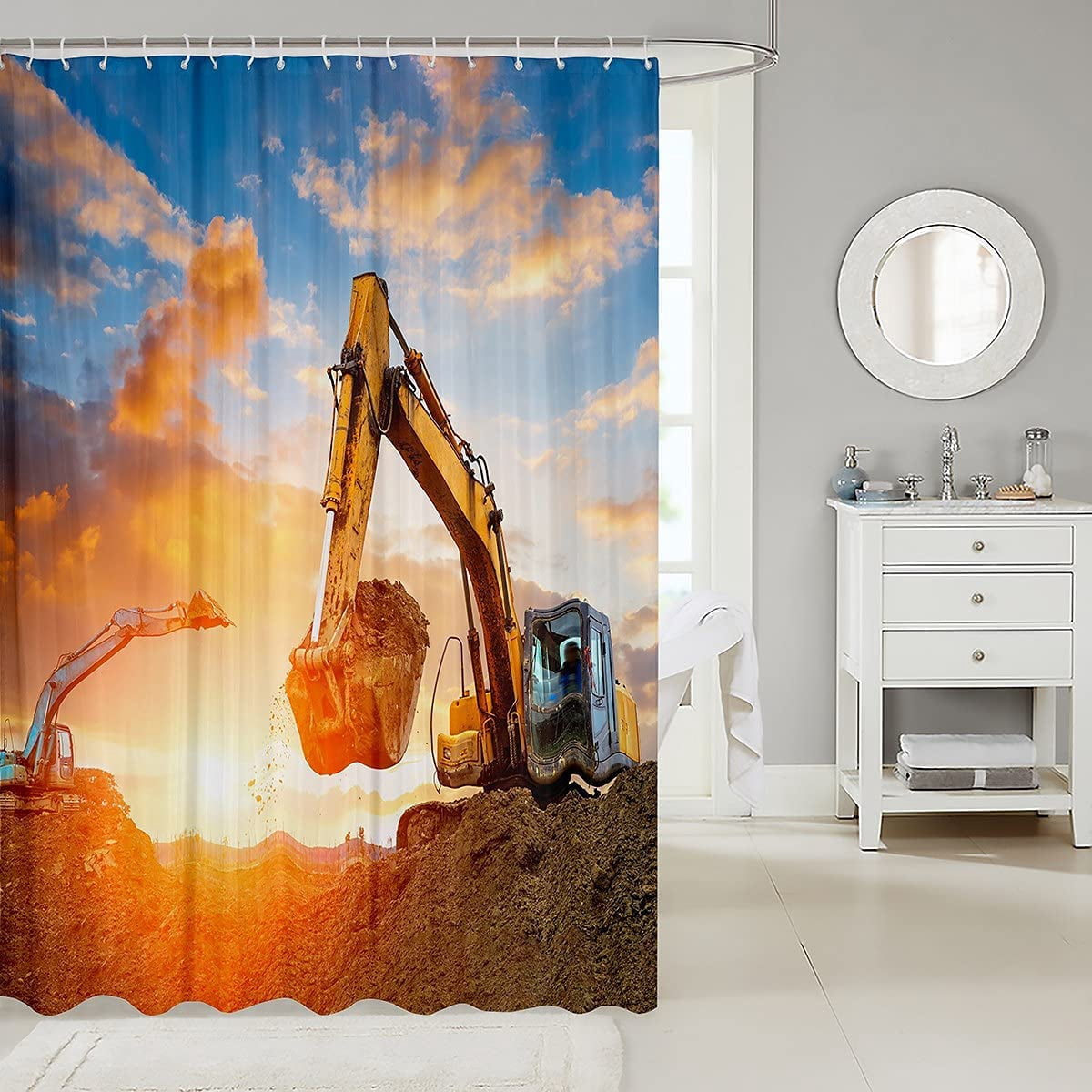 Boys Car Bath Curtain Excavator Truck Shower Curtain for Kids Children Men Construction Vehicles Print Bathroom Shower Curtain Set Soft Heavy Machinery Cars Decor Waterproof 72"x72"