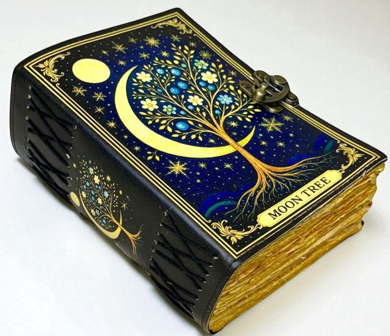 Personalized Moon Tree Leather Journal – Handmade Grimoire, 200 Pages Witchcraft Spell Book of Shadows,