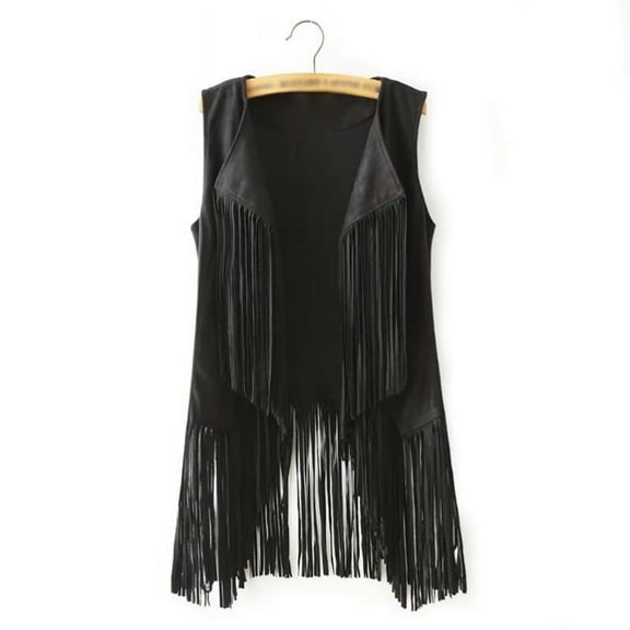 Women Fringe Vest Leather Vintage Winter Western Country Cowgirl Vest Cardigan Waistcoat Gilet Long Femme Black XXXL