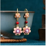 Jade Enamel Pearl Dangle Earrings Boho Flower Dainty Gemstone 18K Gold Plated