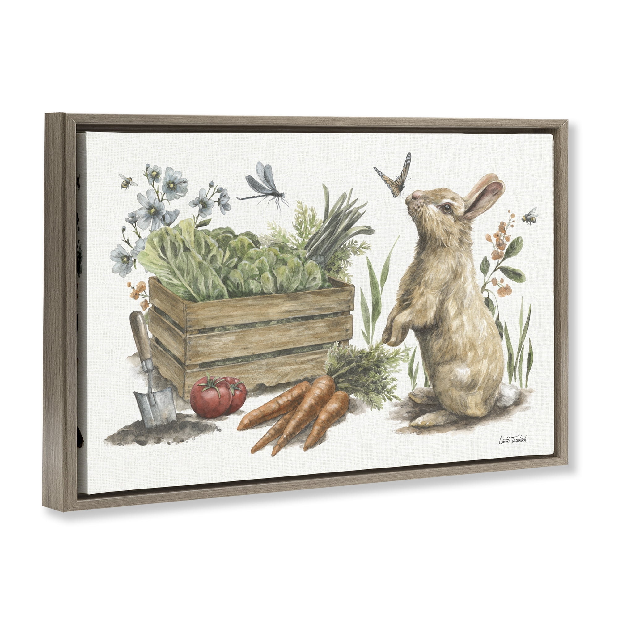 Stupell Industries Gardening Bunny Scene Botanical & Floral Painting Brown Floater Framed Canvas Art Print Wall Art, 25 x 17